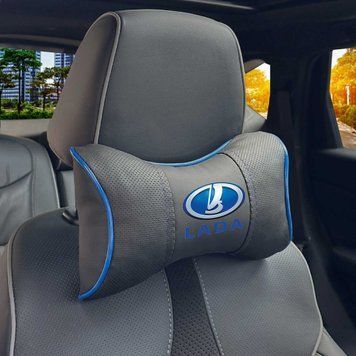 Подушка на підголівник з логотипом Lada Екошкіра 3D Кольоровий лого Чорна-Синій кант 1 шт 91686 фото