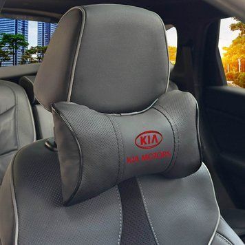 Подушка на підголовник з логотипом Kia Екошкіра 3D Кольоровий лого Чорна-Чорний кант 1 шт 84293 фото