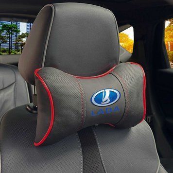 Подушка на підголівник з логотипом Lada Екошкіра 3D Кольоровий лого Чорна-Червоний кант 1 шт 91689 фото