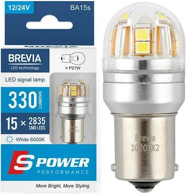 LED автолампа Brevia Spower 12/24V T25 P21W 15x2835SMD 330Lm 6000K CANbus 2 шт (10201X2) 10201X2 фото