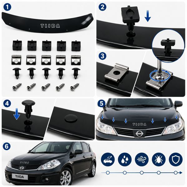 Дефлектор капота мухобойка Nissan Tiida 2004-2015 Євро Кріплення Vip Tuning (NS13) 3467 фото