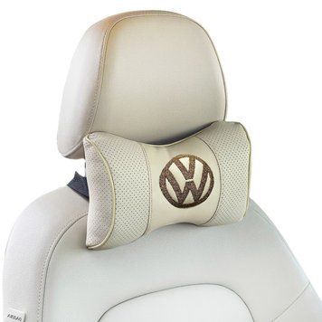 Подушка на підголовник з логотипом Volkswagen екошкіра Бежева 1 шт 10 фото