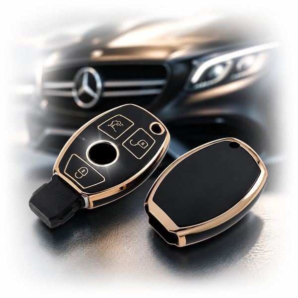 Чохол ключа Mercedes-Benz чорний+золота окантовка (3 кнопки) TPU 95612 фото