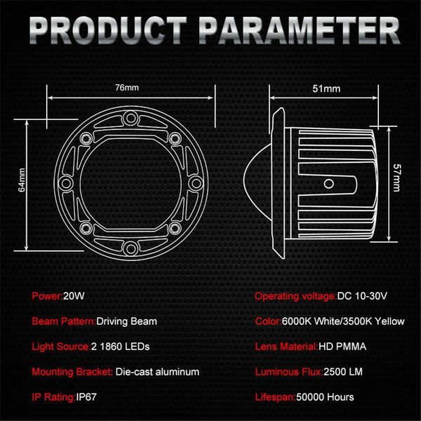 Bi-LED Фара дополнительная Круглая 75x50 мм S-28 20W 10-80V W/Y 4 360 (Белый и Желтый Свет) 64830 фото